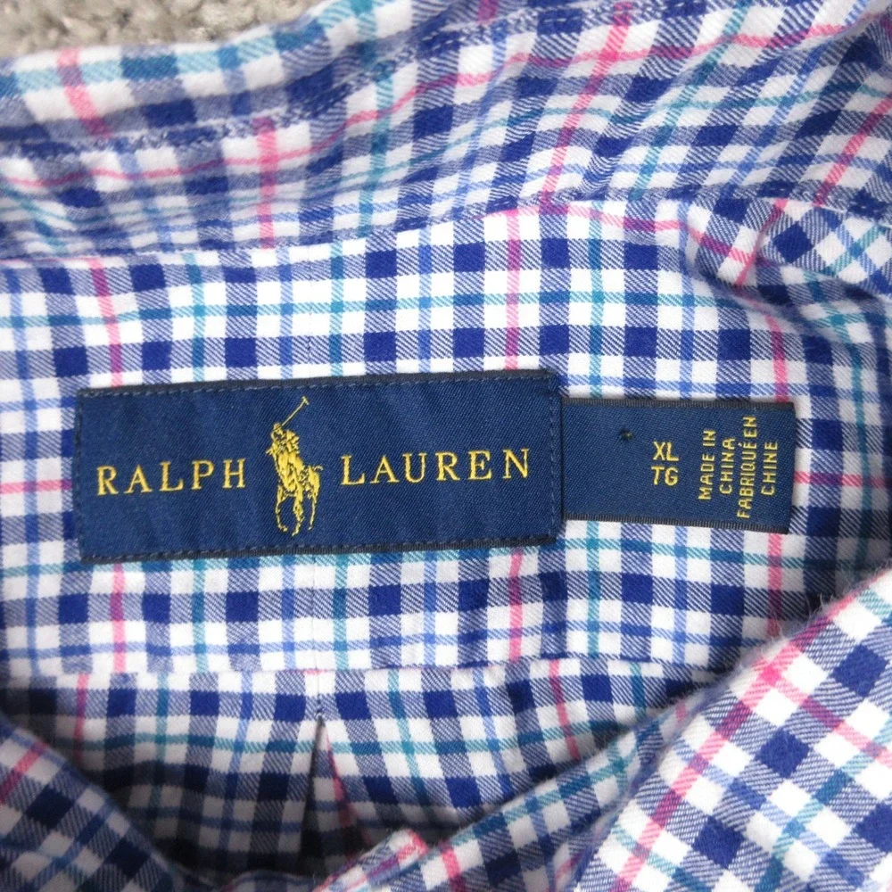 Polo Ralph Lauren Shirt Mens XL Blue Plaid Twill Flannel Pink Pony Button Up